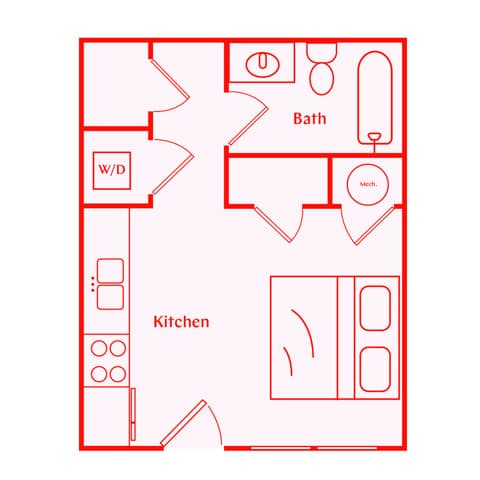 A 3D image of the Bixby floorplan, a 317 squarefoot, 0 bed / 1 bath unit