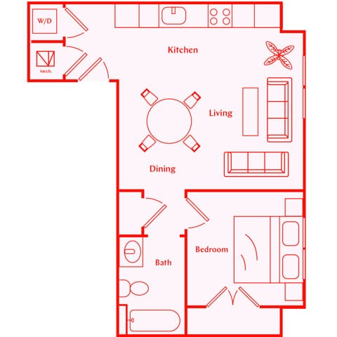 A 3D image of the Callan floorplan, a 612 squarefoot, 1 bed / 1 bath unit