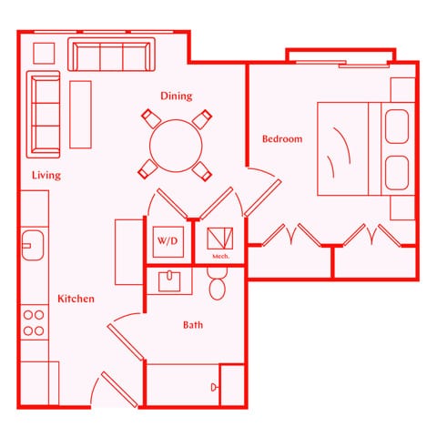 A 3D image of the Marona floorplan, a 587 squarefoot, 1 bed / 1 bath unit