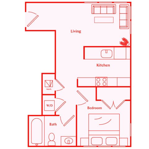 A 3D image of the Mayson floorplan, a 594 squarefoot, 1 bed / 1 bath unit