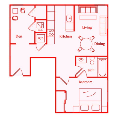 A 3D image of the Marion floorplan, a 774 squarefoot, 1 bed / 1 bath unit