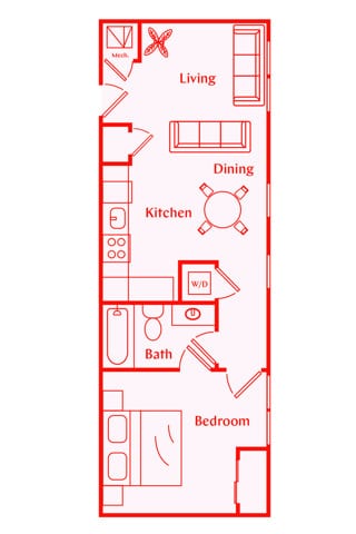 A 3D image of the Paxon floorplan, a 715 squarefoot, 1 bed / 1 bath unit