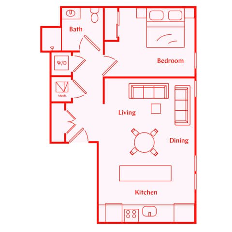 A 3D image of the Howard floorplan, a 688 squarefoot, 1 bed / 1 bath unit